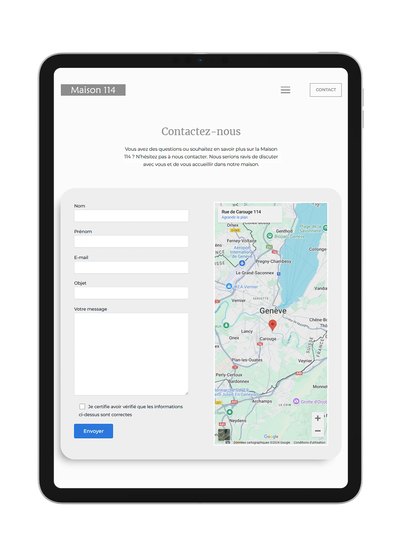 Image d'un mockup du site de Maison 114 sur tablette